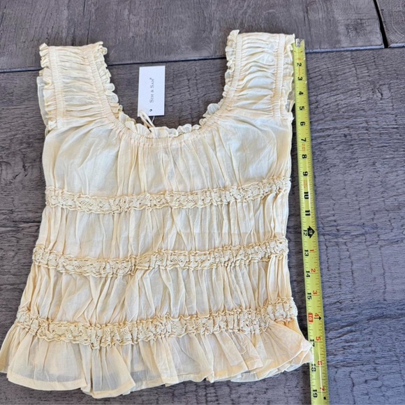 Sim & Sam Butter Yellow Tie Front Ruffle Lace Top
Small NWT Cottagecore - Picture 7 of 7